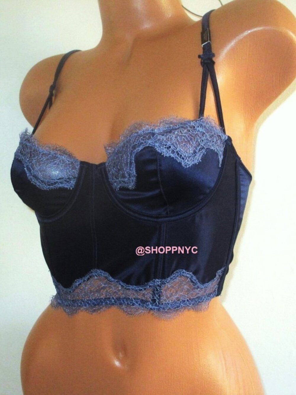 32DD Victoria Secret Dream Angels Long Line Balconet Bustier Bra Blue Satin Lace